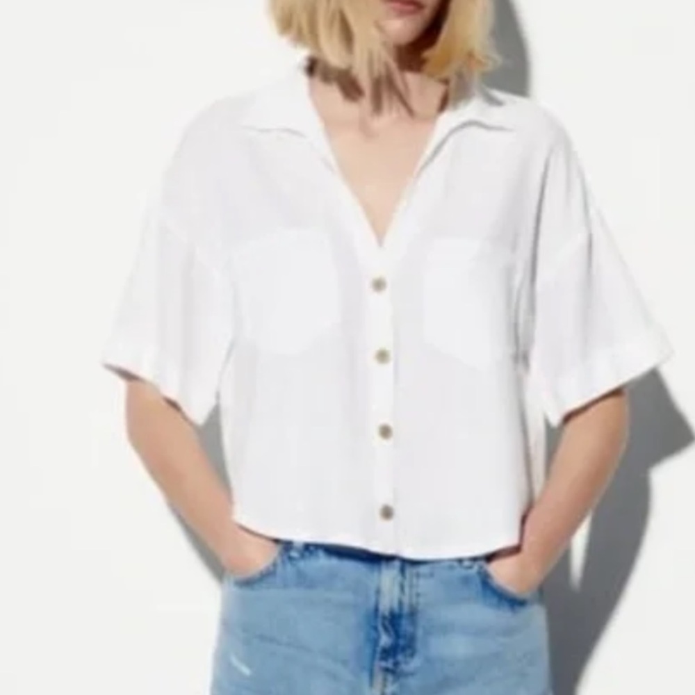 33. Zara Cream Button Down Shirt Collar Short Sleeve